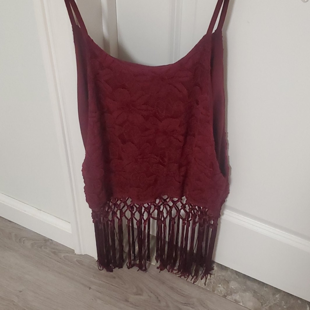 Burgundy crop top with fringe